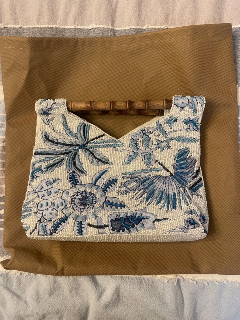 Bags | Blue Floral Beaded Handbag With Bamboo Handles